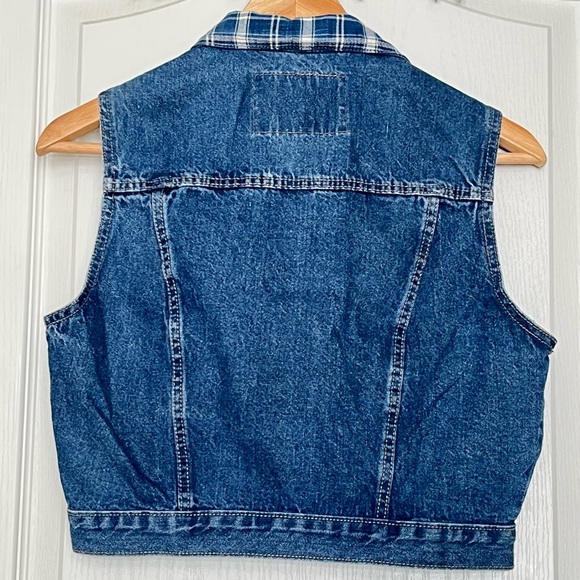 Vintage Outlaw Cropped Denim Vest w/ Plaid Trim, L 90s Grunge Western Aesthetic - Picture 4 of 14